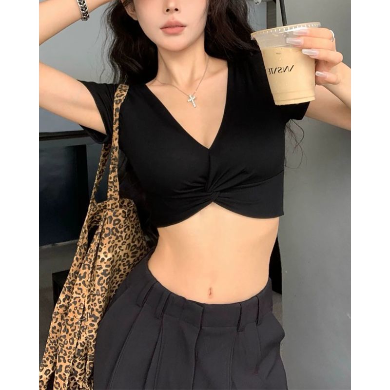 Black short-sleeve deep V-neck T-shirt with twist-front knot