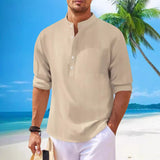 Men's Cotton And Linen Stand Collar Long Sleeve Shirt - WOMONA.COM