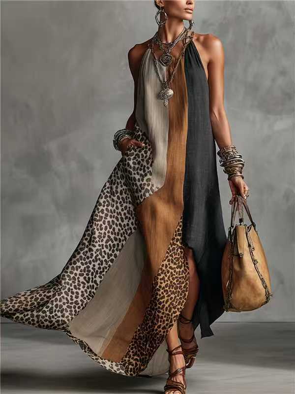Long split-neck sleeveless printed gown with leopard spots and brown, black, cream color-blocks