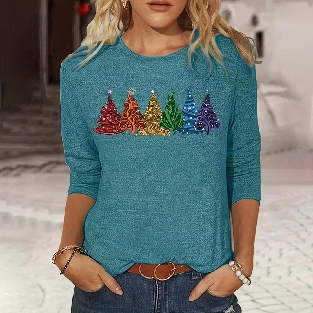 Women's long-sleeve T-shirt in teal with colorful Christmas tree graphic