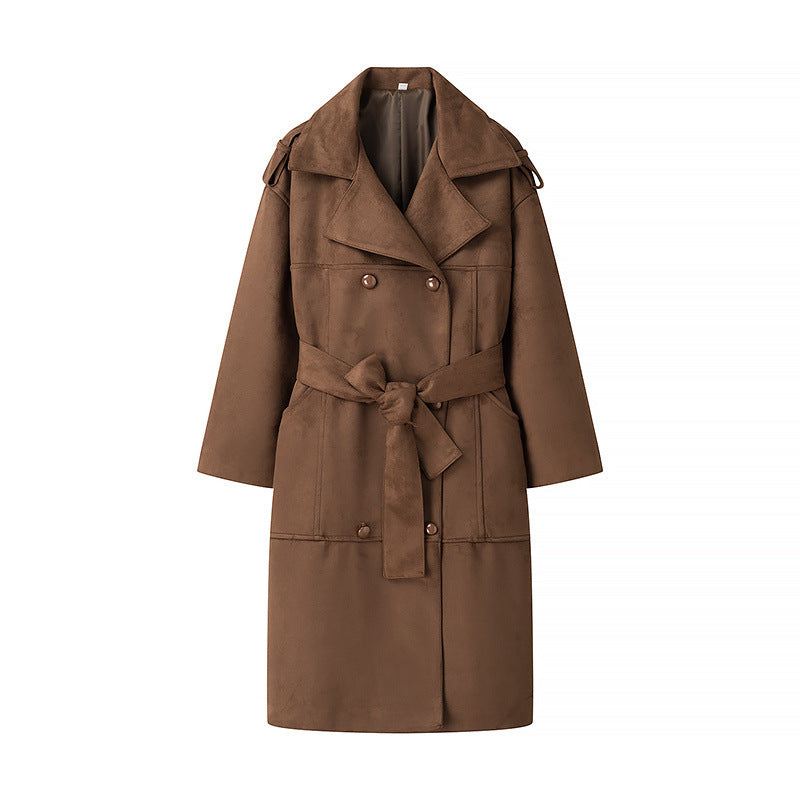 Women's brown suede-effect belted long trench coat
