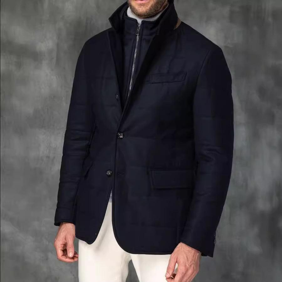 Men's stand-collar button-front padded jacket with chest and flap pockets, dark