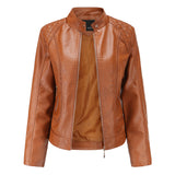 Women's stand collar PU leather jacket - WOMONA.COM