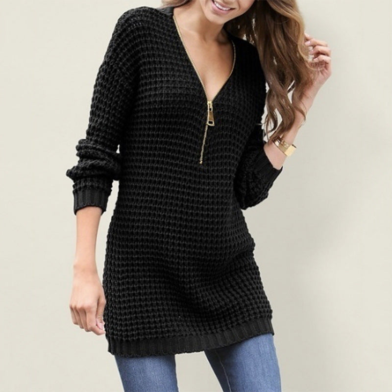 Women's Waffle-Knit Zip-Neck Tunic Sweater, Black - product view 7