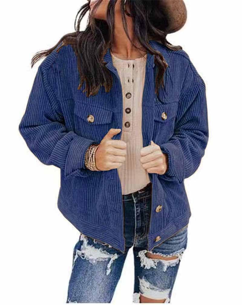 Women's solid color jacket in navy blue, button front with chest pockets and snap cuffs