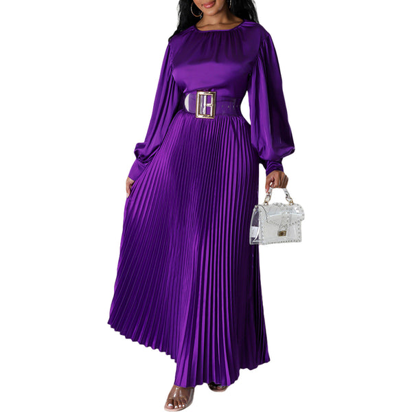 Waist Loose Long Sleeve Pleated Dress