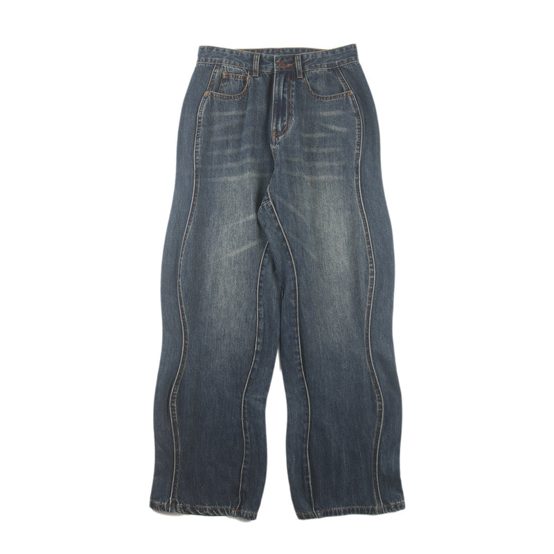 Loose Straight High Street Wave Line Washed Jeans - WOMONA.COM