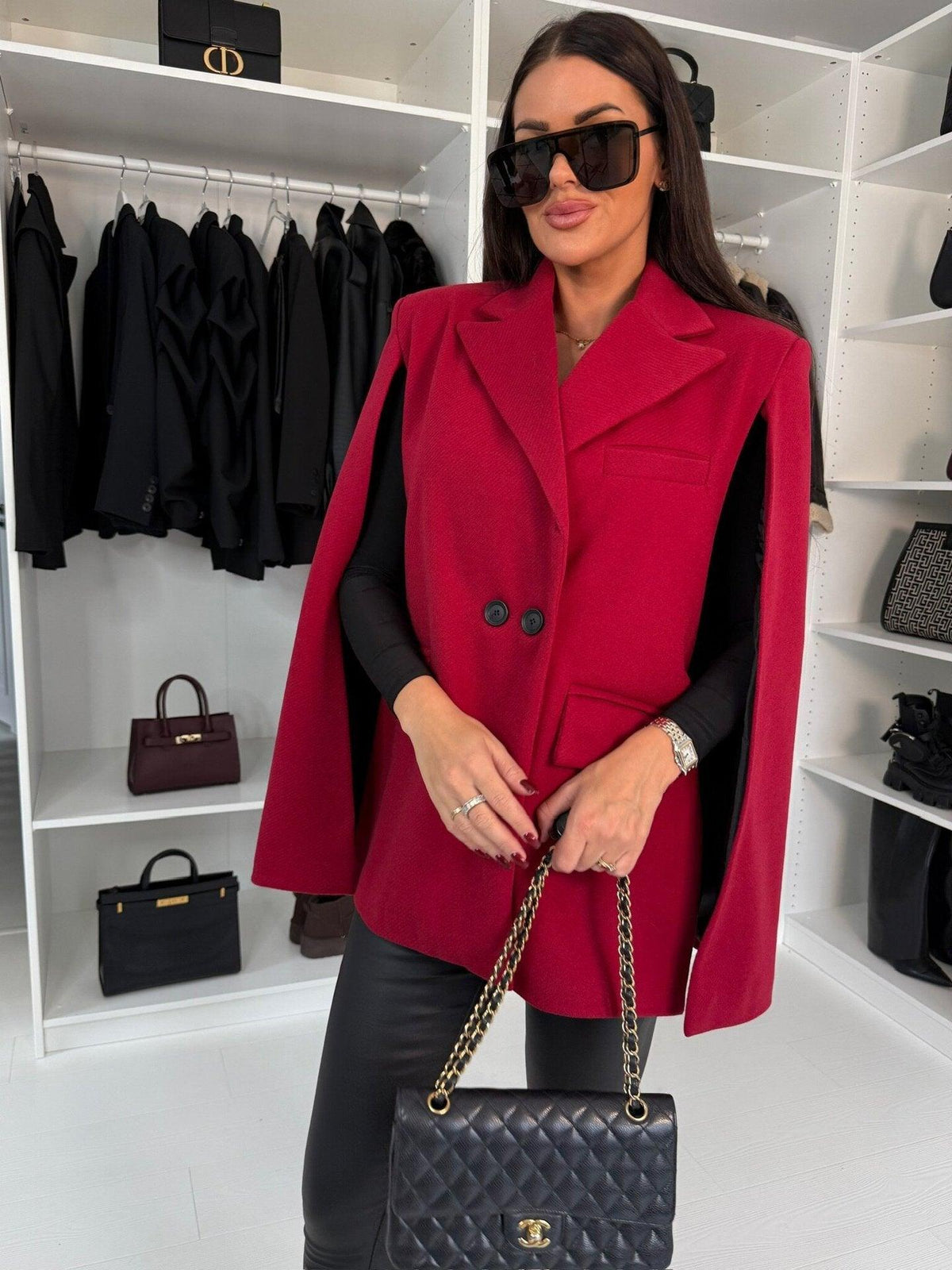 Red shawl coat with notch lapels, two-button front, chest patch pocket