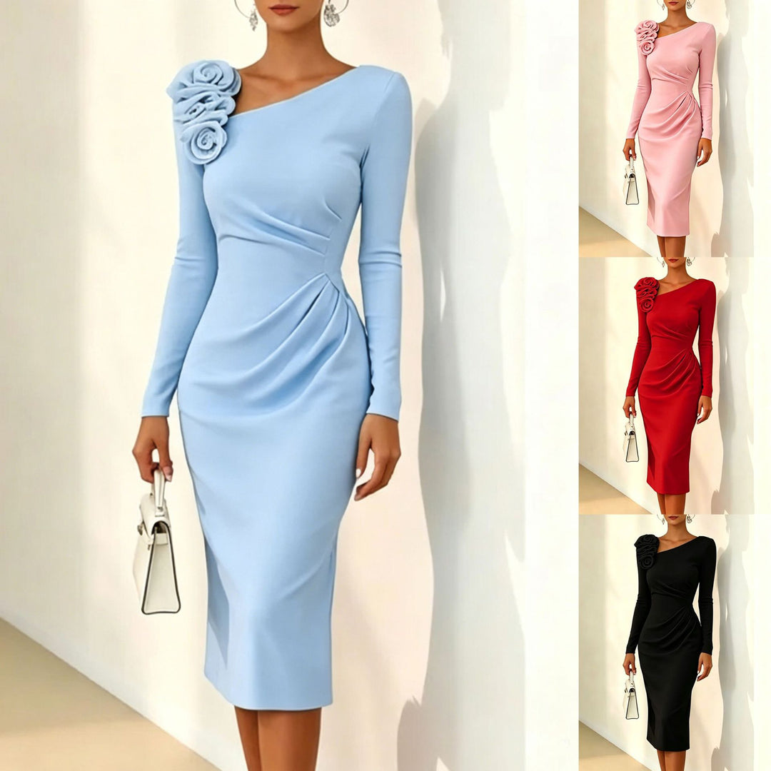 Women's off-shoulder slim-fit midi dress in sky blue, long sleeves, rose applique at shoulder