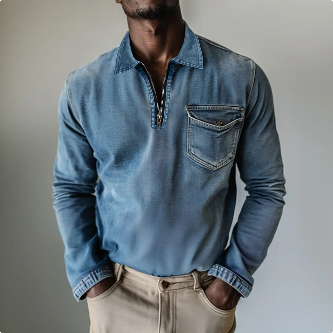 Men's light blue denim half-zip shirt with lapel collar and chest pocket, long sleeves
