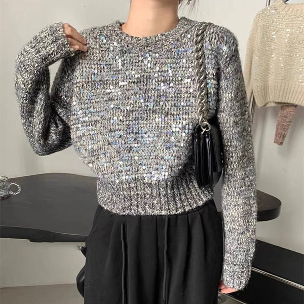 Kurzer Pullover mit Rundhalsausschnitt und Pailletten im koreanischen Stil