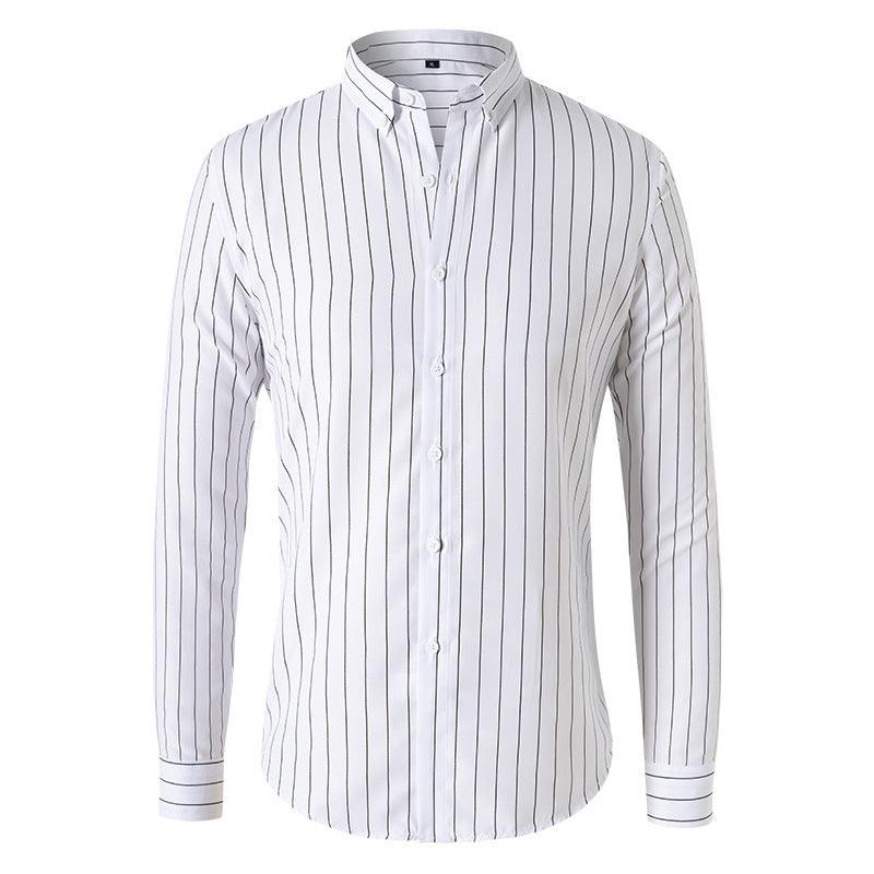 Men's striped long-sleeve button-up shirt, white with thin dark pinstripes