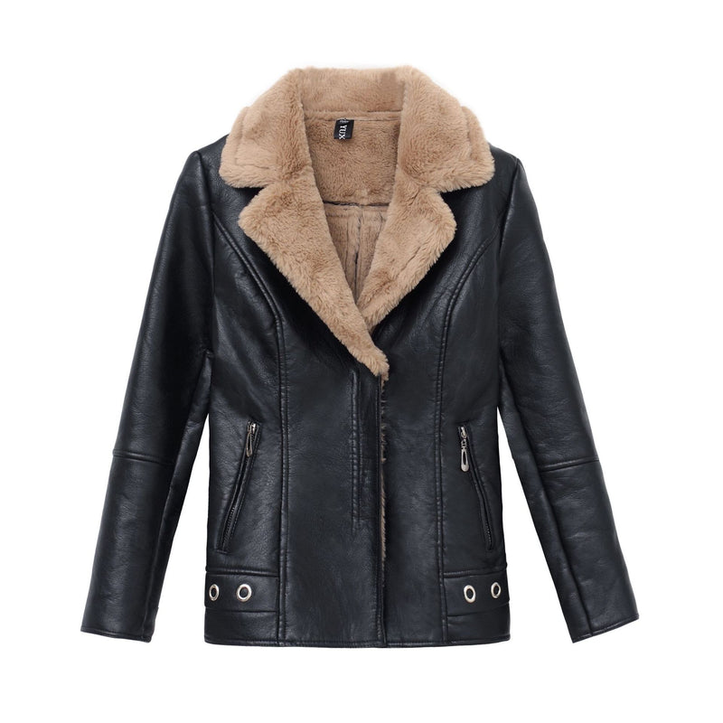 Short Fur Plus Velvet Warm Leather Jacket - WOMONA.COM