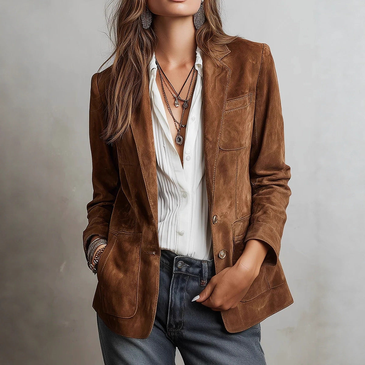 Dark brown suede single-breasted women’s jacket with flap pockets and button front