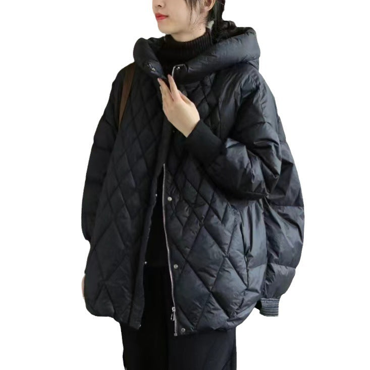 Diamond Lattice Artistic Loose White Duck Down Jacket - WOMONA.COM