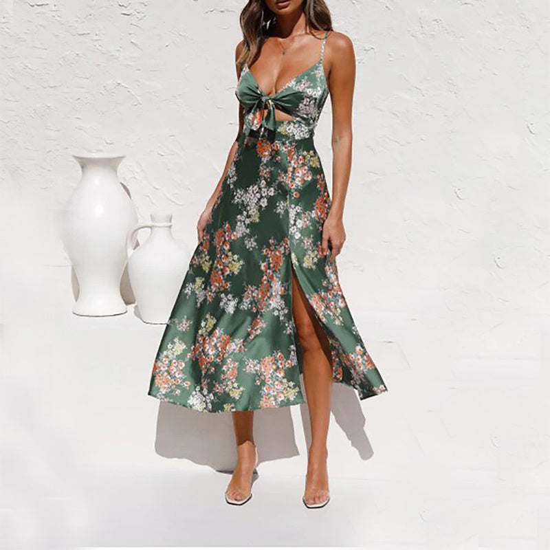 Vestido de tirantes divididos con estampado de flores y diseño de lazo hueco, vestidos de playa sin mangas de moda, ropa de verano para mujer