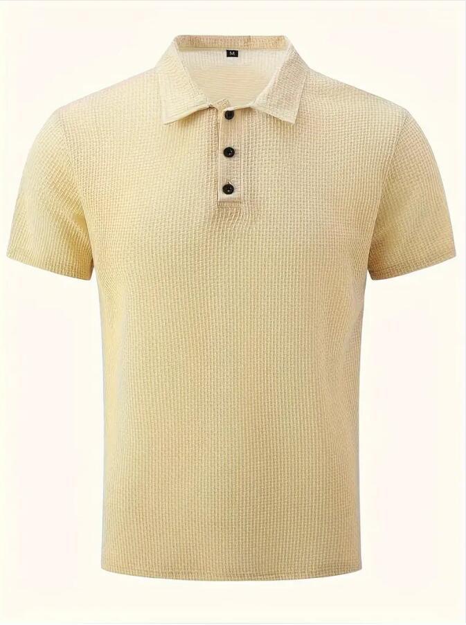 Men's beige solid polo shirt with short sleeves and button placket