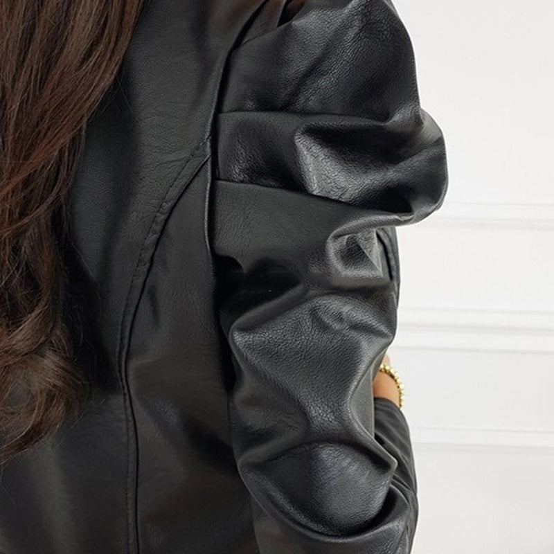 Fashion leather PU pleated suit jacket - WOMONA.COM