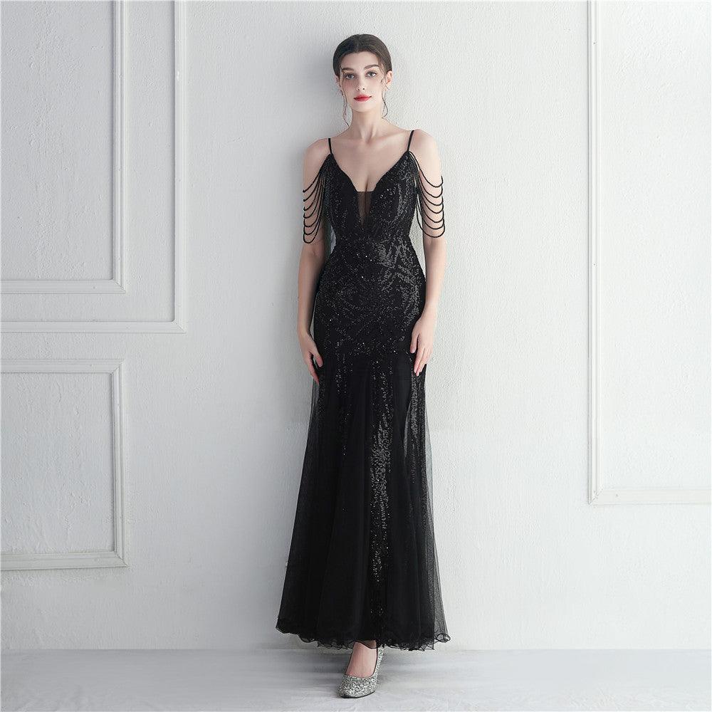 Mesh Beaded Bridal Wedding Dinner Long Camisole Evening Gown - WOMONA.COM