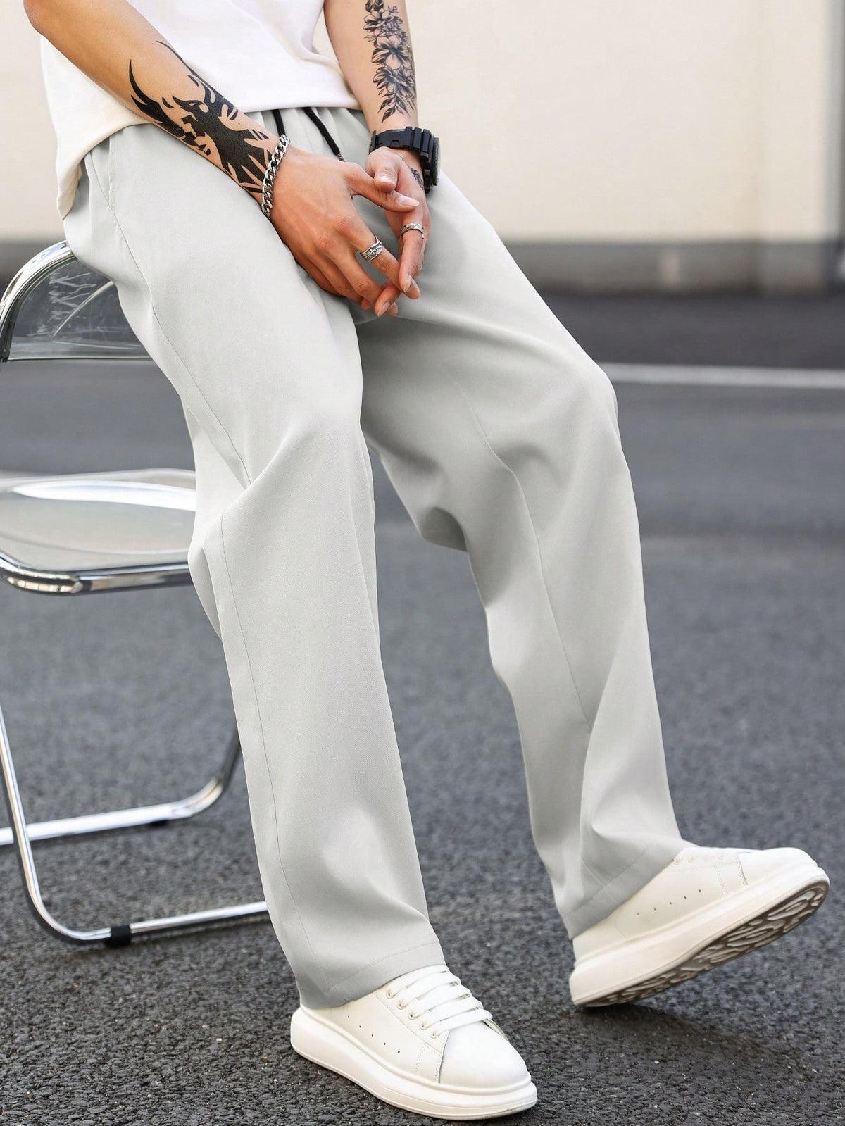 Light gray straight-leg casual pants with relaxed fit