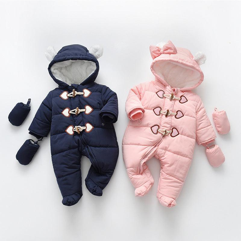 Baby hooded puffer onesie with bow toggle, navy and pink full-body coverall.