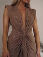 Deep V Pleated Sleeveless Maxi Dress - WOMONA.COM