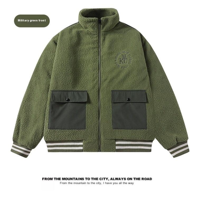 Men’s military green fleece cotton coat with zip front, stand collar, and patch pockets