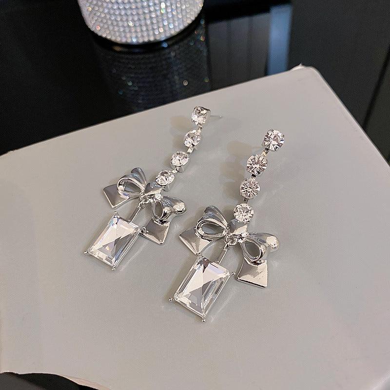 Rhinestone Bow Long Earrings