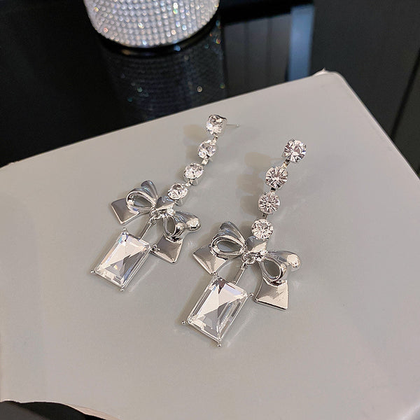 Diamond Bow Long Earrings - WOMONA.COM