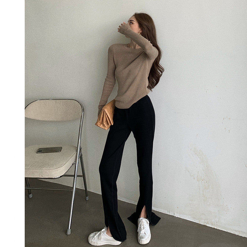 Casual Women's Solid Color Knitted Round Neck Sweater - WOMONA.COM