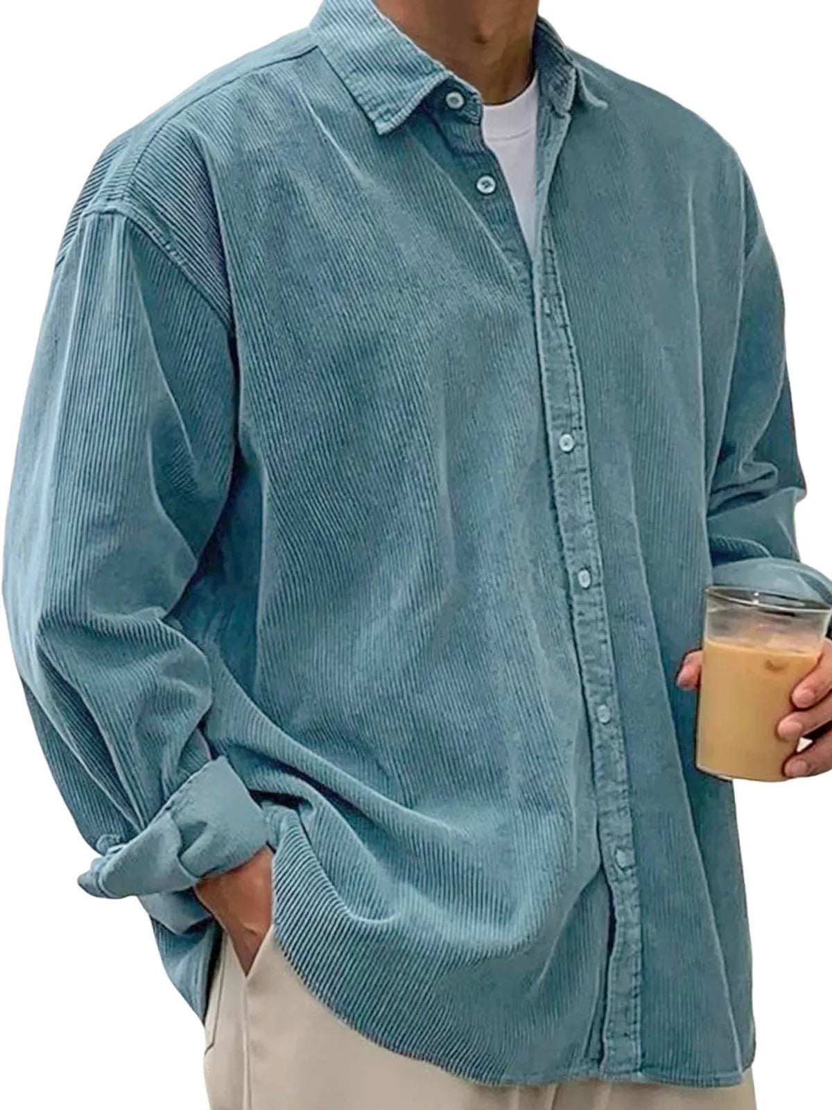 Men's blue button-up shirt jacket, long sleeves, chest button placket