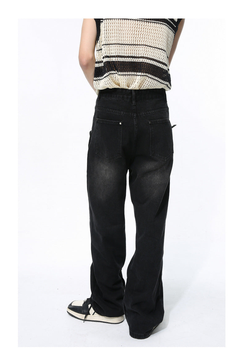 Straight Wide Leg Black Denim Fashionable Trousers - WOMONA.COM