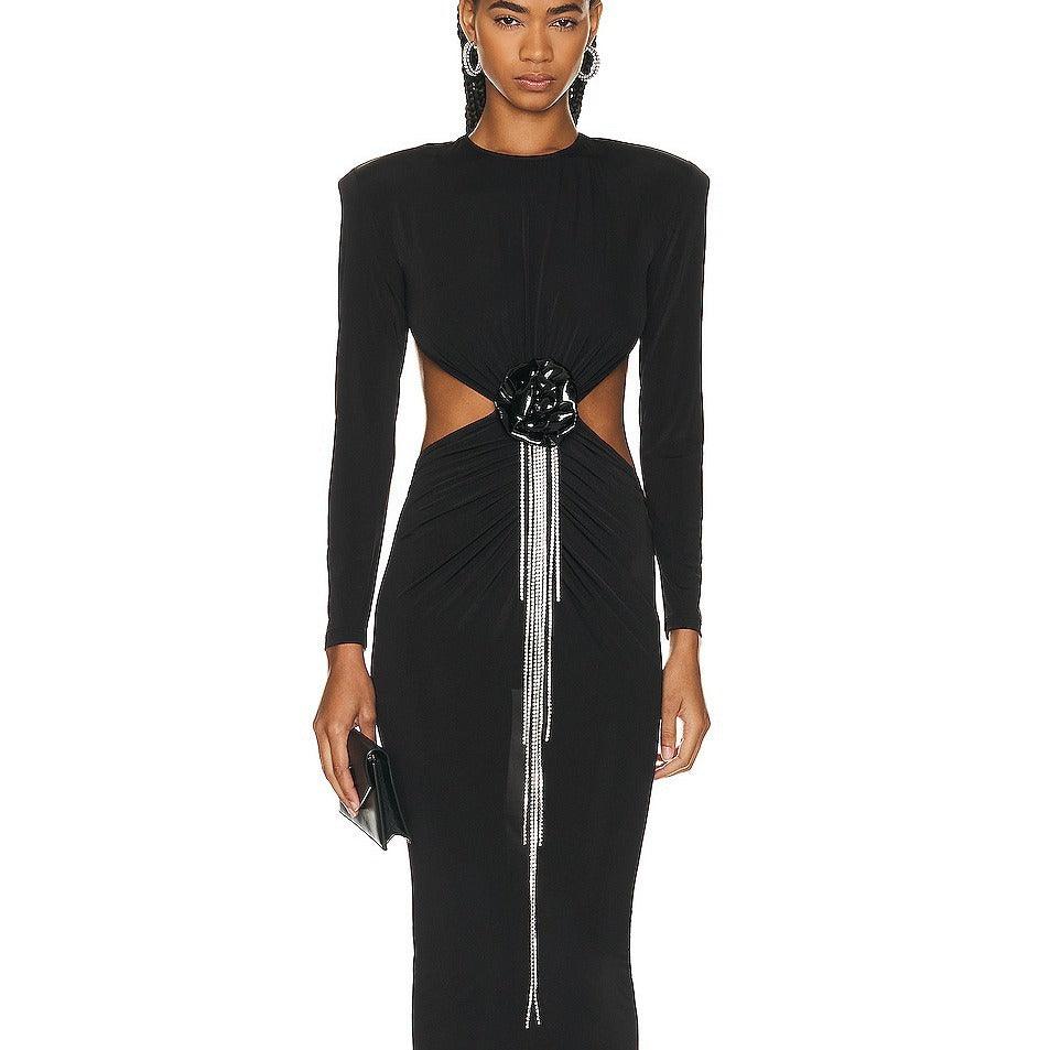 Sexy Backless Black Long Sleeve Hollow Flower Tassel Decoration Dress - WOMONA.COM