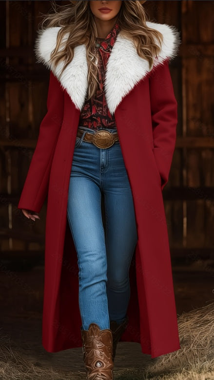 Women’s long burgundy coat with faux-fur collar, button front, long sleeves.