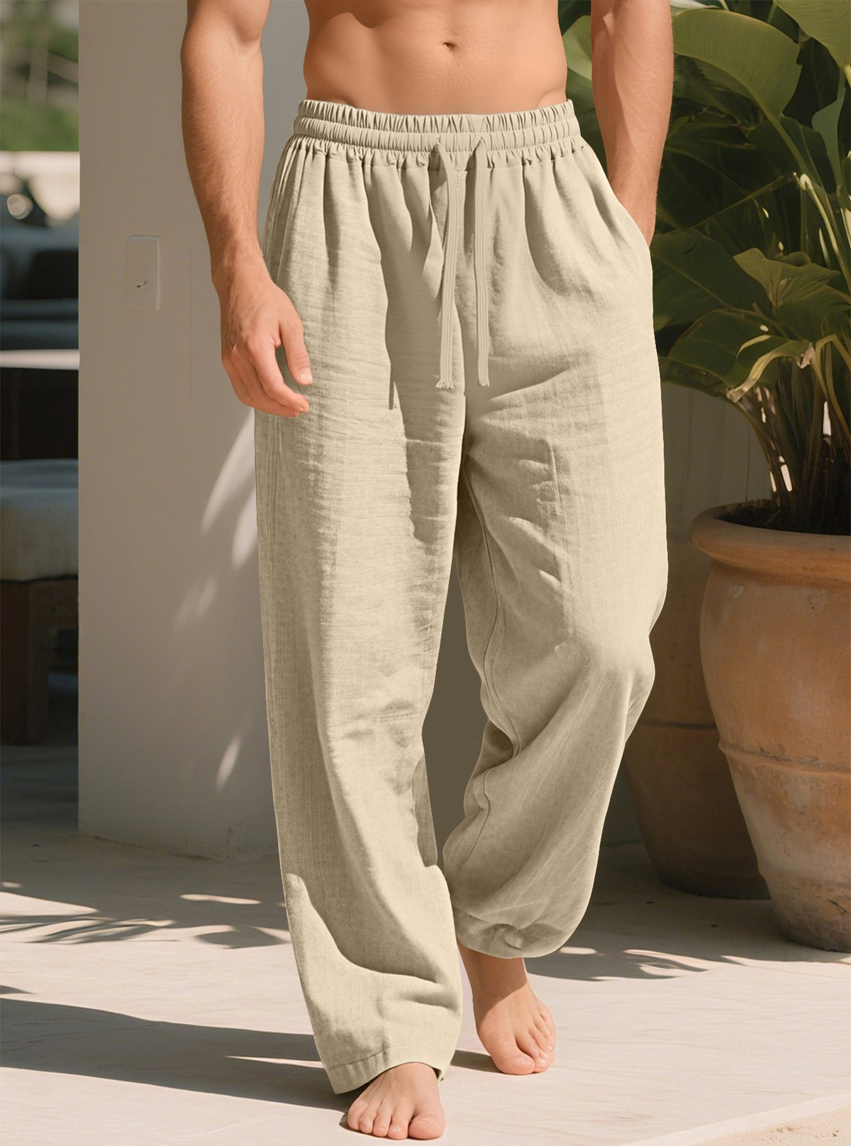 Khaki/beige plus size loose straight trousers with elastic waistband and drawstring