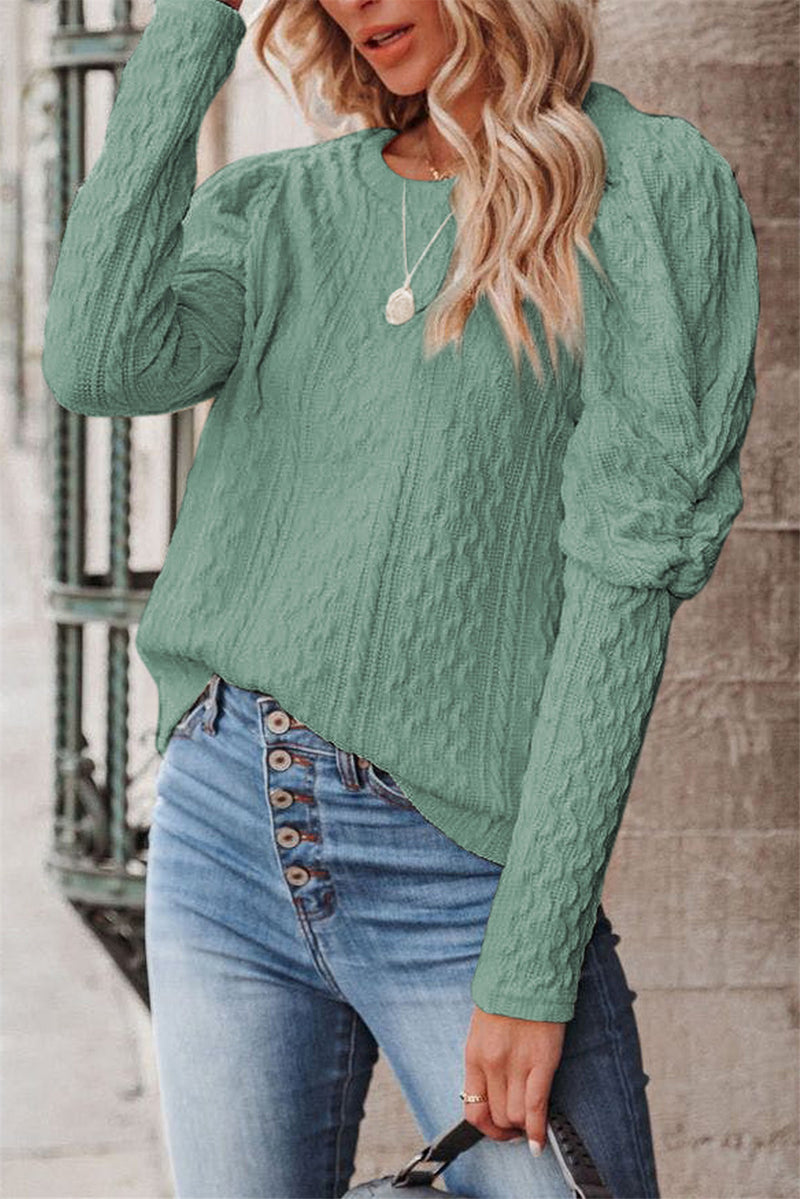 Jacquard Round Neck Gigot Sleeve Knitted Sweater - WOMONA.COM