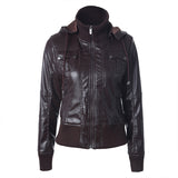 Hooded drawstring high neck zipper PU leather jacket - WOMONA.COM