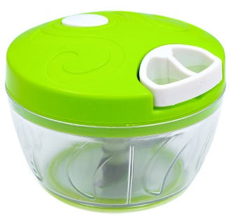 Manual meat grinder chopper with clear bowl and bright green top lid