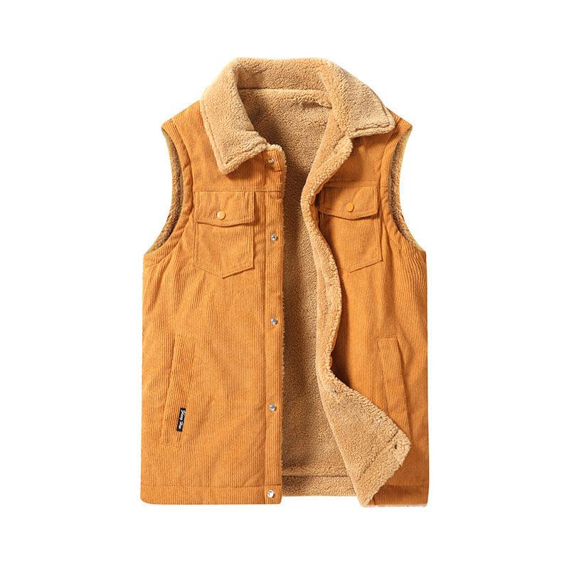 Caramel corduroy work vest with sherpa lining, button front, chest flap pockets
