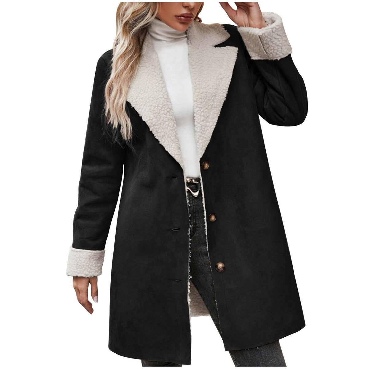 Black long-sleeve coat with plush lapel lining, button placket, and cuff sherpa trim.