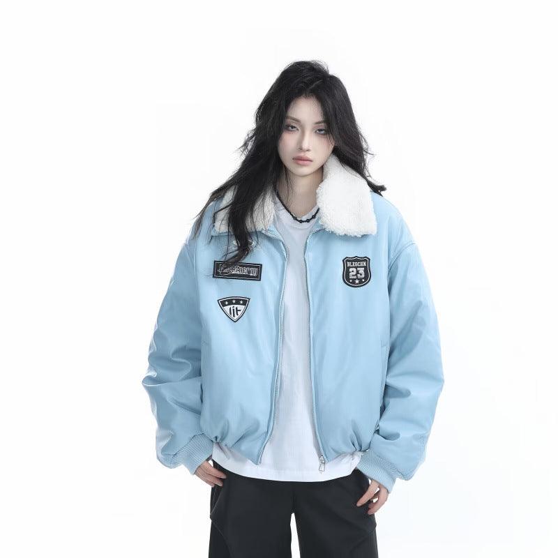 Thick warm jacket for girls, sky blue with white fleece collar and front zipper