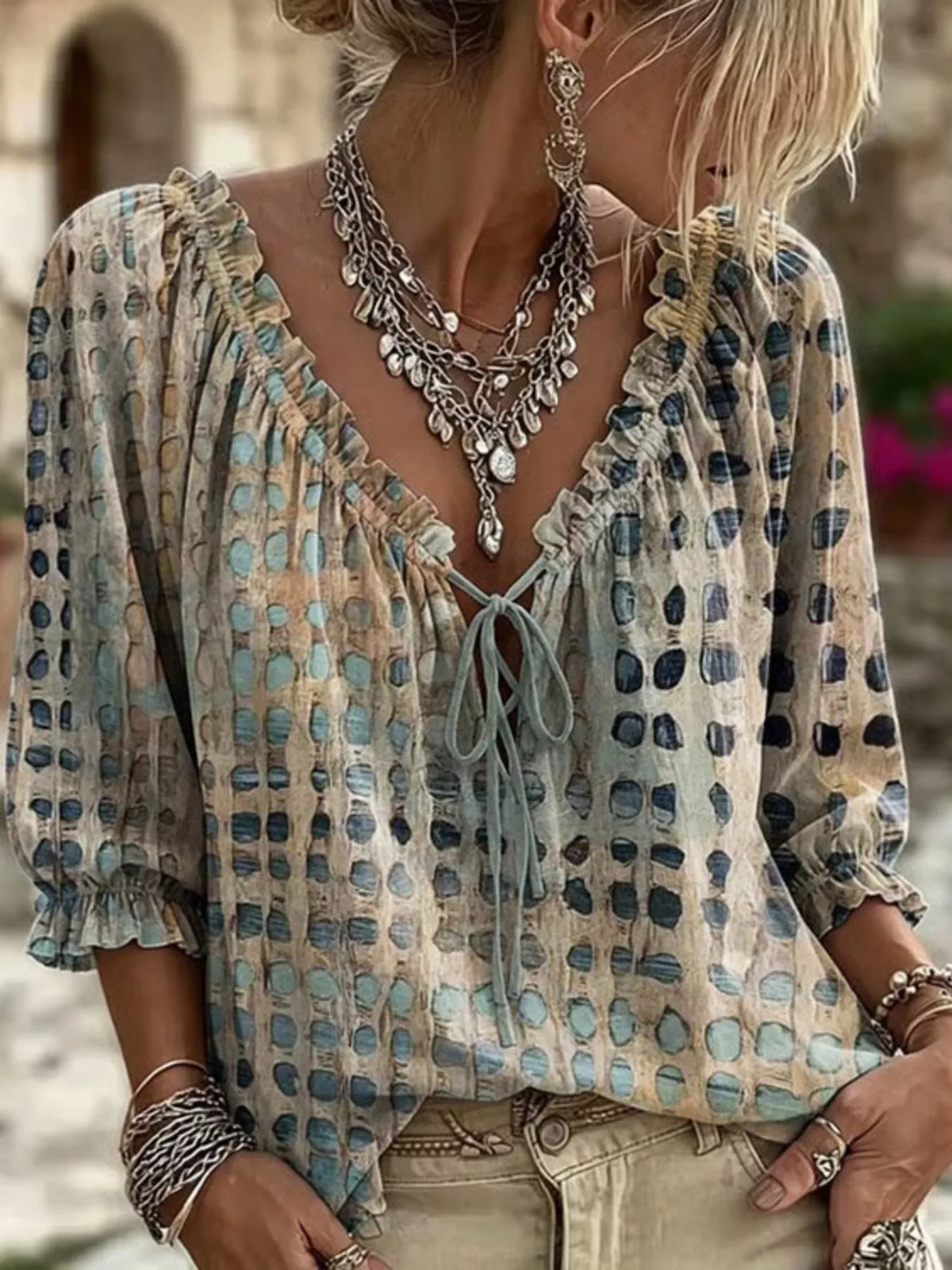 Women's Tie-Neck 3/4 Sleeve Blouse – Plus Size