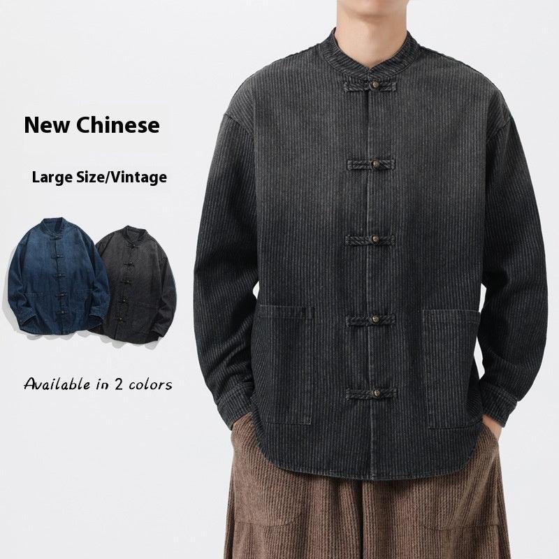 Black denim coat with stand collar, front button placket, chest and side pockets