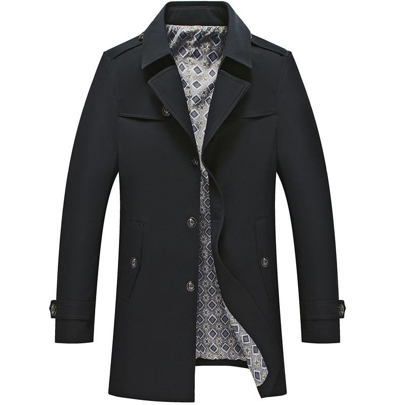 Men's black duster jacket with button-front, stand collar, patch pockets, patterned lining