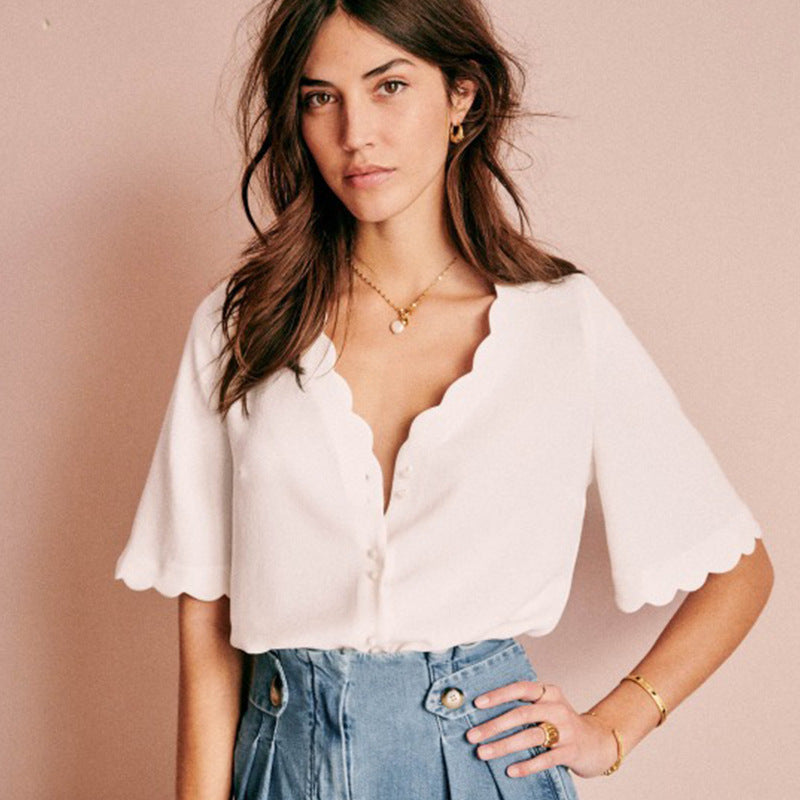 Petal V-neck Five-point Sleeve Shirt - WOMONA.COM