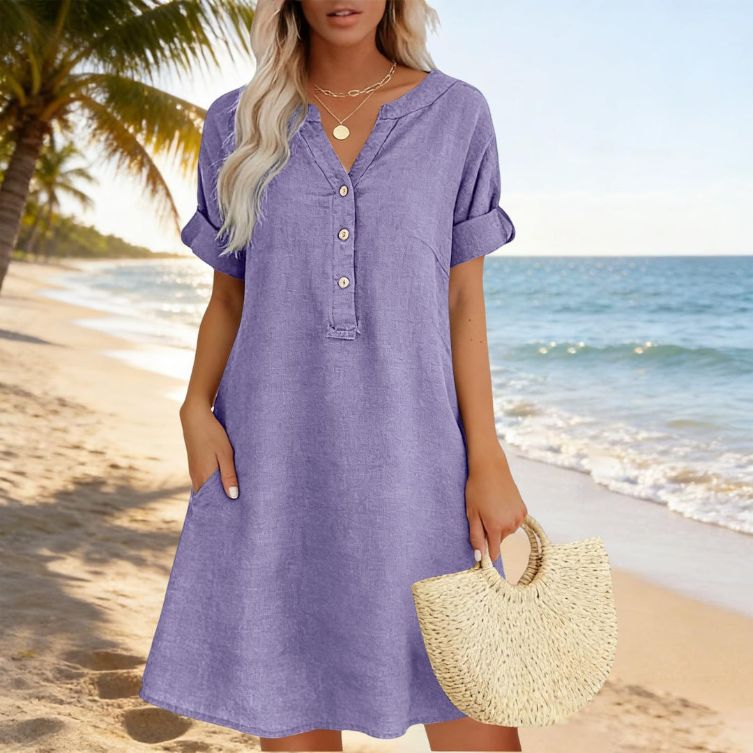 Women's Casual Short-Sleeve V-Neck Button-Front Pocket Dress