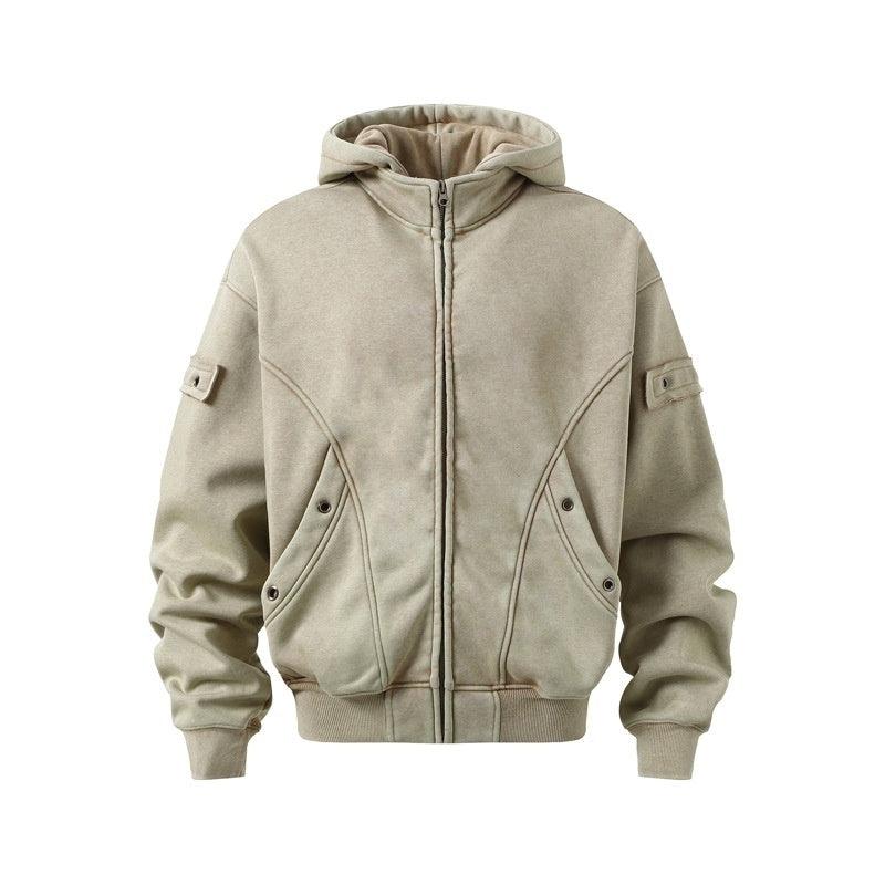 Light beige washed hooded fleece sweatshirt with front zipper and ribbed cuffs
