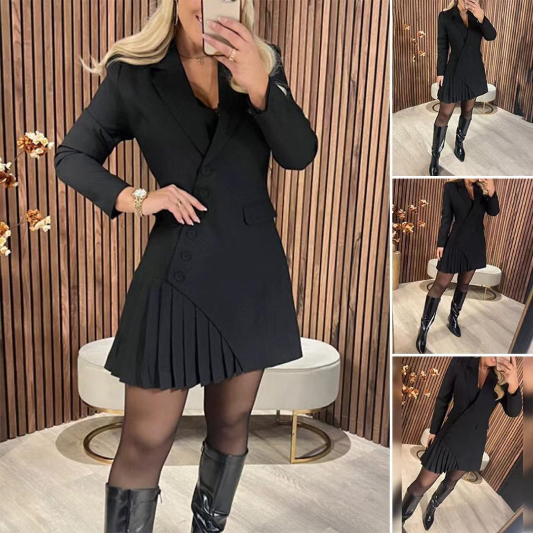 Women’s tailored black blazer dress with button front and pleated mini skirt hem