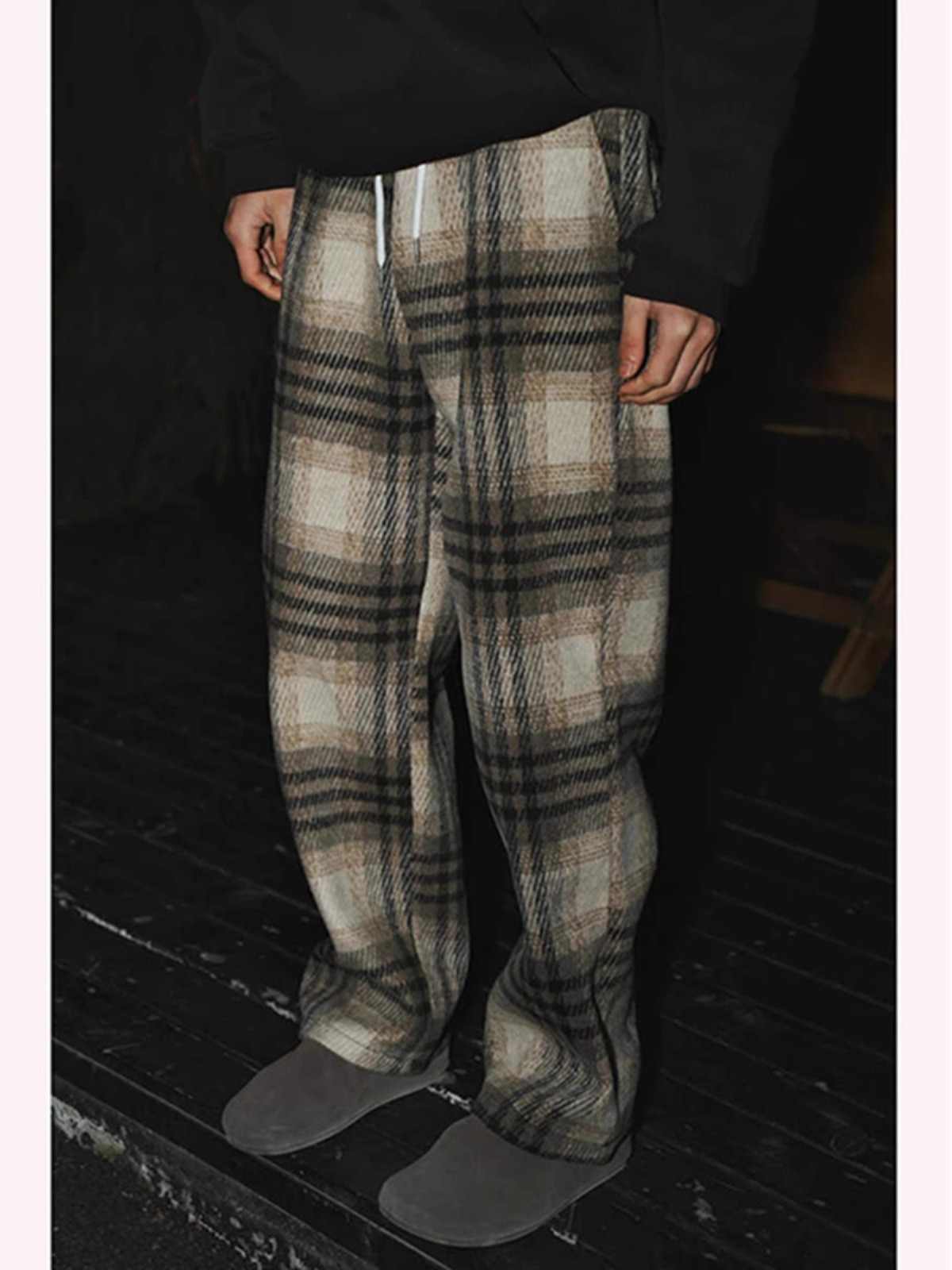 Men's straight plaid wool trousers in light cream with muted gray check