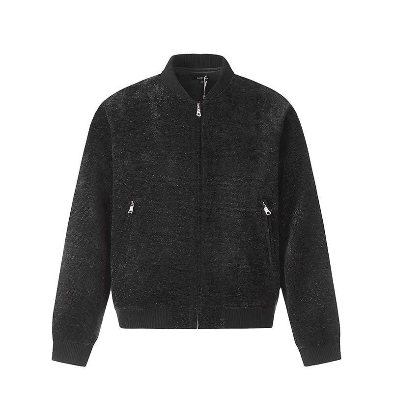 Men's black speckled zip-up jacket with stand collar, front zipper and side zips